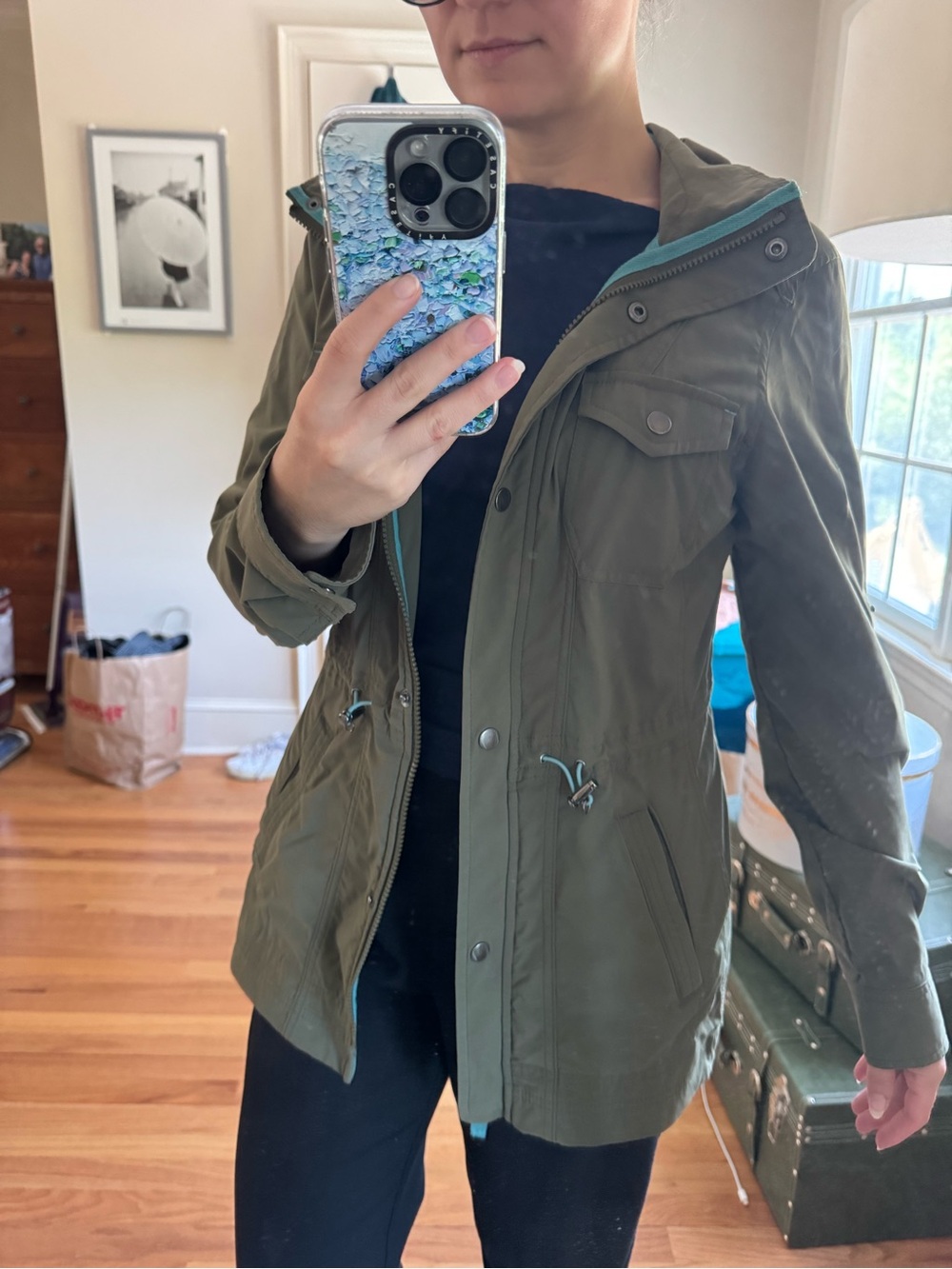 L.L. Bean Olive Green Hooded Utility Anorak with Teal Trim